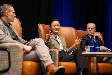 During a panel at the 2025 MIT Energy Conference, Lucia Tian (center), head of clean energy and decarbonization technologies at Google, discusses the challenges and opportunities that AI and rapid electrification bring to electricity demand.