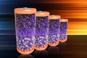 A depiction of batteries made with MIT researchers’ new electrolyte material, which is made from a class of molecules that self-assemble in water, named aramid amphiphiles (AAs), whose chemical structures and stability mimic Kevlar.