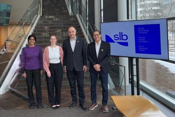 Left to right: Lalitha Venkataramanan, scientific advisor and SLB research center manager; Kelly Gavin, MIT.nano consortium manager; Vladimir Bulović, MIT.nano director and the Fariborz Maseeh (1990) Professor of Emerging Technologies at MIT; and Smaine Zeroug, research director and SLB ambassador to MIT.