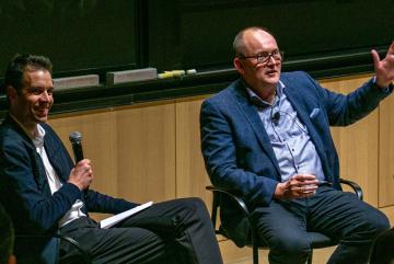 LEGO Group COO Carsten Rasmussen (right), shown here with Department of Mechanical Engineering head Professor John Hart, discussed the importance of balancing cost efficiency, innovation, and sustainability in manufacturing. 