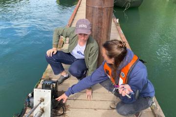 MIT Assistant Professor Sara Beery (left) discusses a sonar monitoring system with another researcher.
