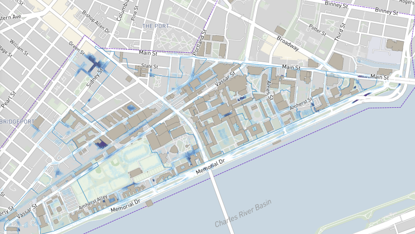 an map of the MIT campus with flooding overlay