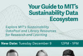 Webinar poster titled 'Your Guide to MIT’s Sustainability Data Ecosystem' featuring three speakers with black-and-white photos, scheduled for November 19, 12 PM to 1 PM. The event explores MIT’s sustainability resources and features QR code for registration. Hosted by MIT Office of Sustainability and Libraries.
