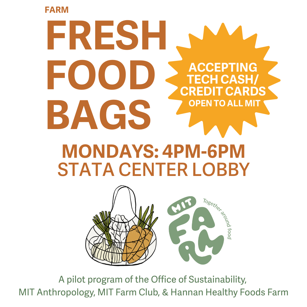Flyer for "Fresh Food Bags" at MIT features bold text, produce illustration, and details: Mondays, 4-6 PM, Stata Center Lobby. Payment accepted: Tech Cash or Credit Card.