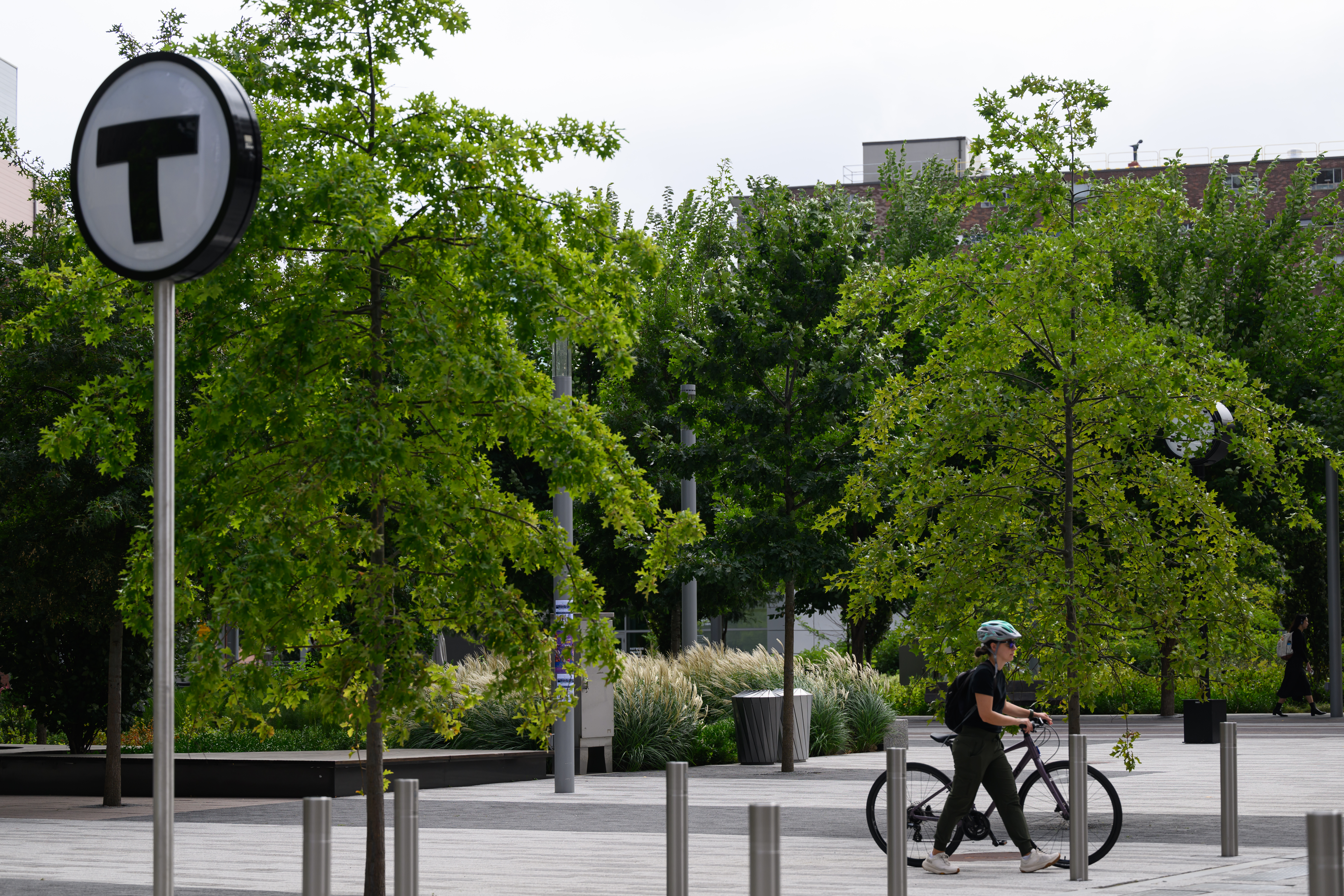 A person walking their bicycle near an MBTA 'T' sign, with green trees in the background.