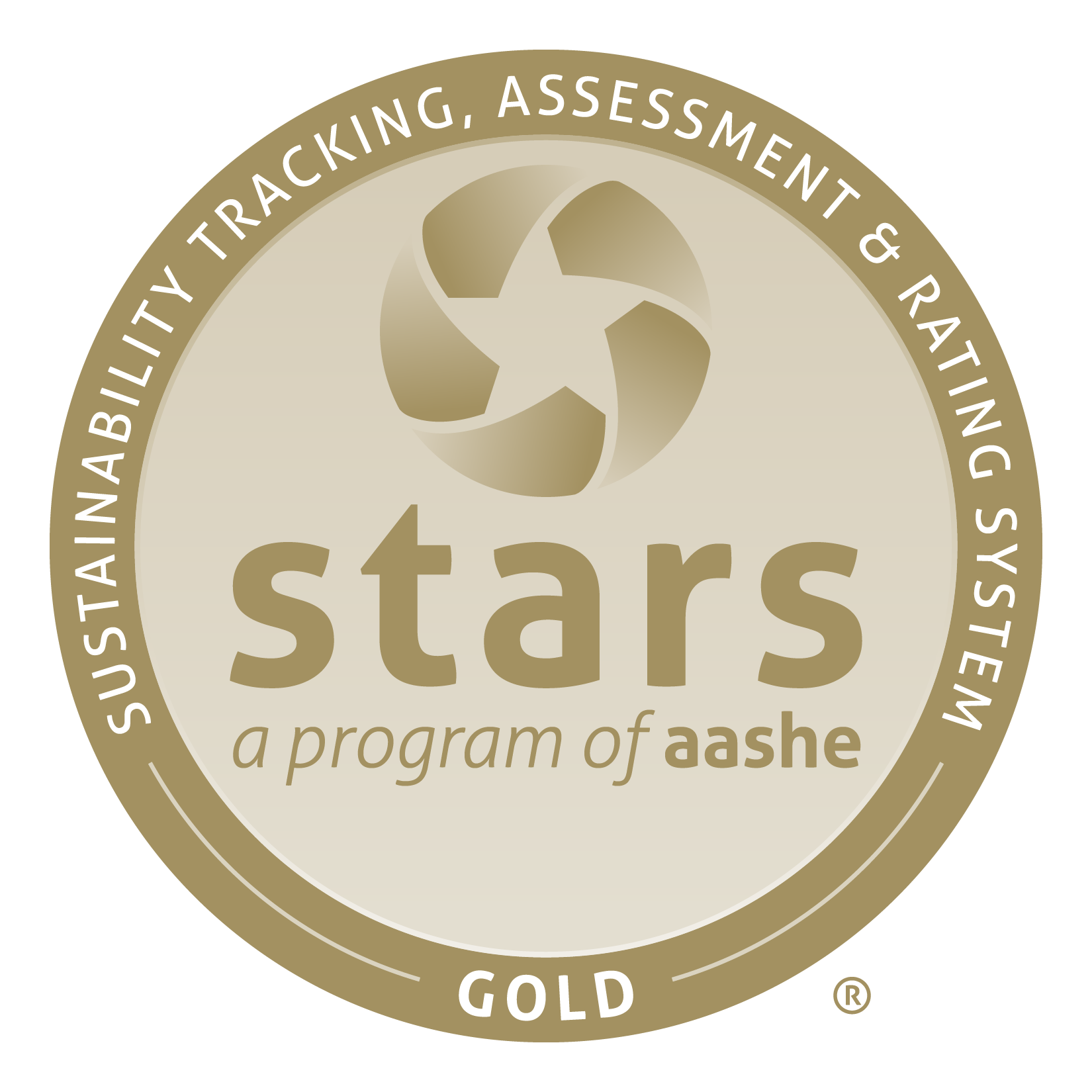 Gold STARS badge on a black background, displaying "Sustainability Tracking, Assessment & Rating System," with "a program of AASHE" and "Gold."