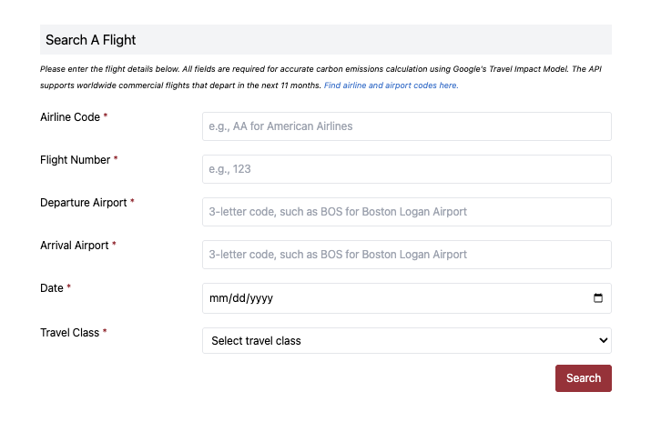 Flight search form for carbon emissions calculation. Fields include airline code, flight number, departure/arrival airports, date, class, and a search button.