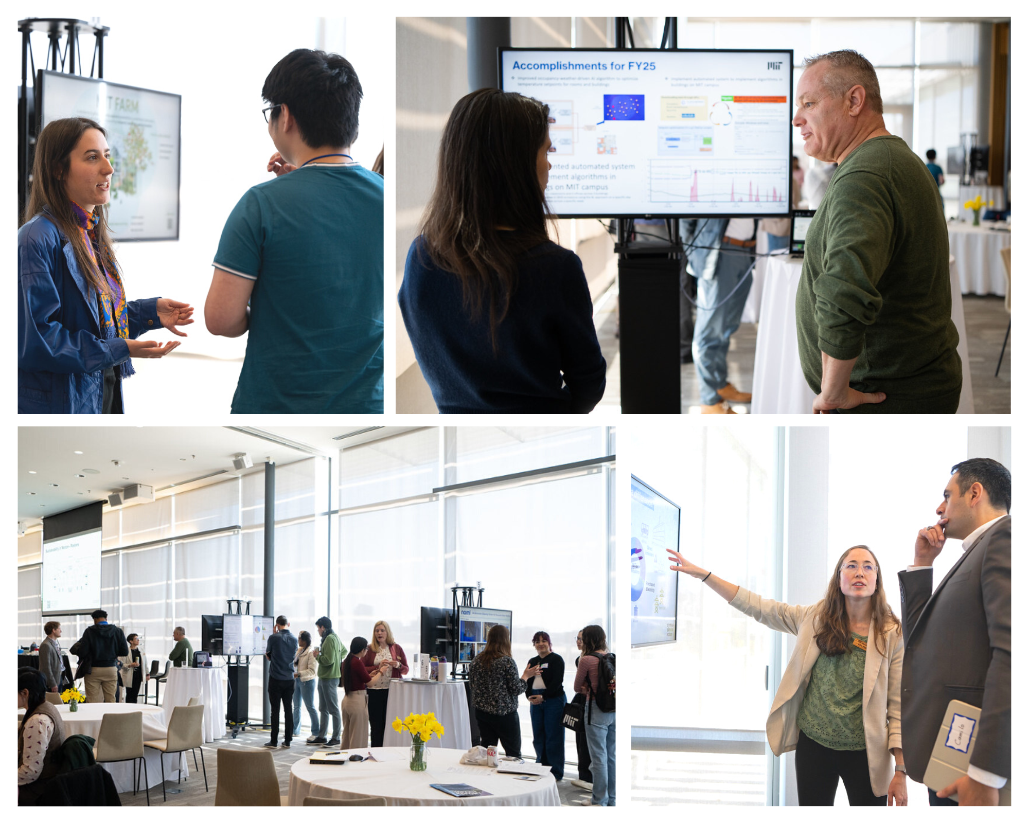 A collage of people networking at a professional event. Individuals engage in conversations beside digital displays. The setting is bright and modern.