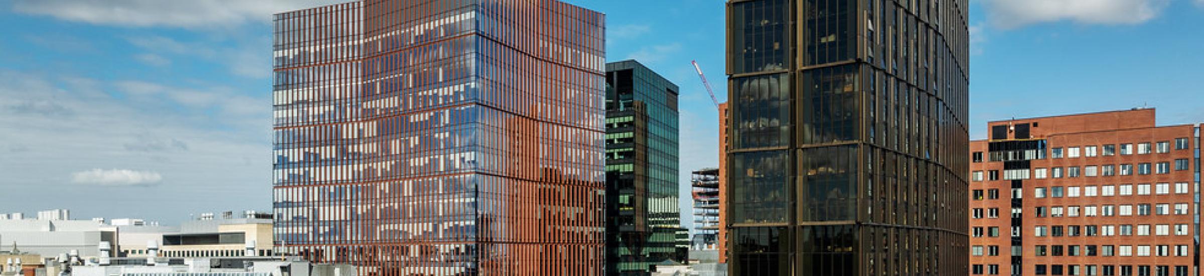 aerial image of kendall square with large buildings at center