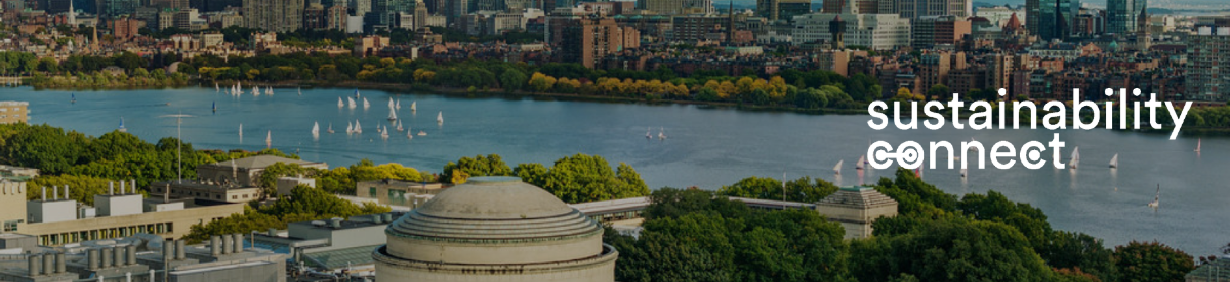 aerial view of MIT dome, Charles River and Boston with Sustainability Connect wordmark on top