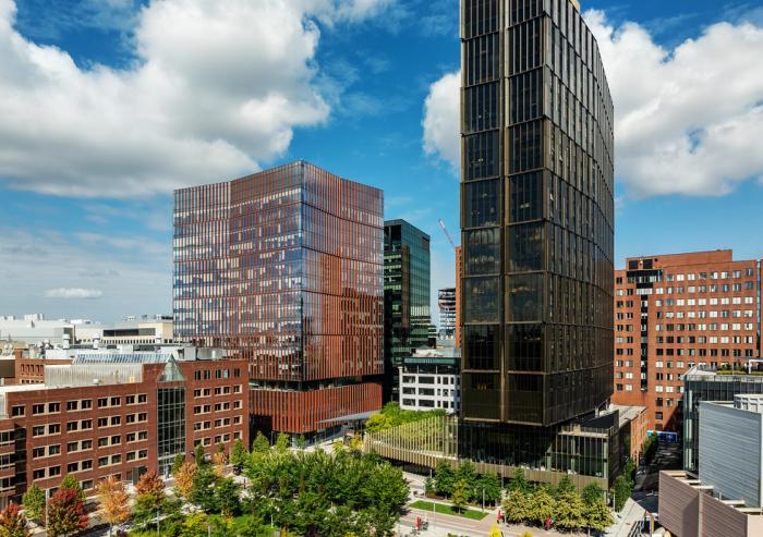 aerial image of kendall square with large buildings at center