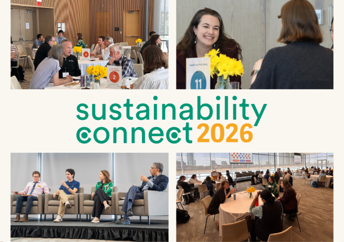 Collage of "Sustainability Connect 2026": panels, discussions, and attendees. Bright setting, engaging atmosphere, and focus on sustainability.