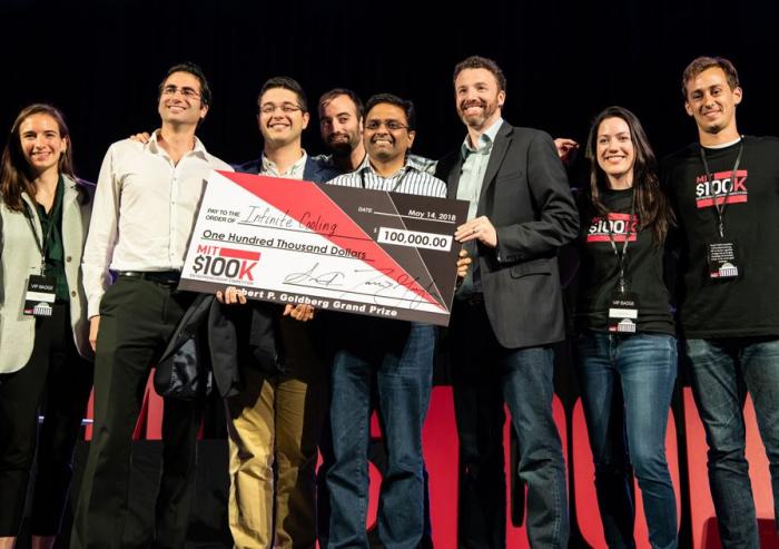 The grand prize winner at this year’s MIT $100K Entrepreneurship Competition was Infinite Cooling, which is developing a system that captures and recycles vaporized water from thermoelectric power plants. Pictured here are the four Infinit...