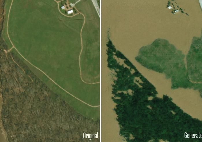 A generative AI model visualizes how floods in Texas would look like in satellite imagery. The original photo is on the left, and the AI generated image is in on the right.