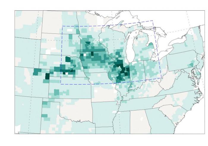 Maps depict the close correlation of crop production, rainfall and temperature in the U.S. Midwest in the last half of the 20th century. In this map, the number of bushels of corn produced are shown in shades of green.
Courtesy of researchers