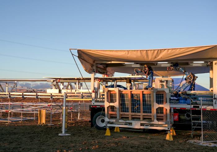Prototypes of machines from Charge Robotics’ autonomously assemble sections of a solar farm as part of a pilot project in partnership with SOLV Energy. Prototypes of machines from Charge Robotics’ autonomously assemble sections of a solar farm as part of a pilot project in partnership with SOLV Energy.