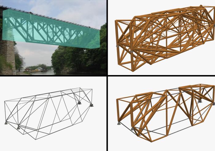 On top left is the Lockport truss bridge passing over the Erie Canal near Buffalo, New York. Researchers mimicked this structure, highlighted in teal blue, and created multiple timber-only designs (top left), steel-only designs (bottom left), and timber-steel designs.