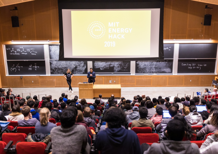 Students gather in the Stata Center to hear the 2019 MIT EnergyHack challenges. Participants had 36 hours to come up with a solution to the challenge they were assigned with their team members before presenting to company representatives, fello...