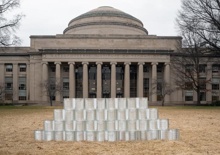 Here, the manufactured glass bricks are assembled together in a wall configuration in Killian Court.