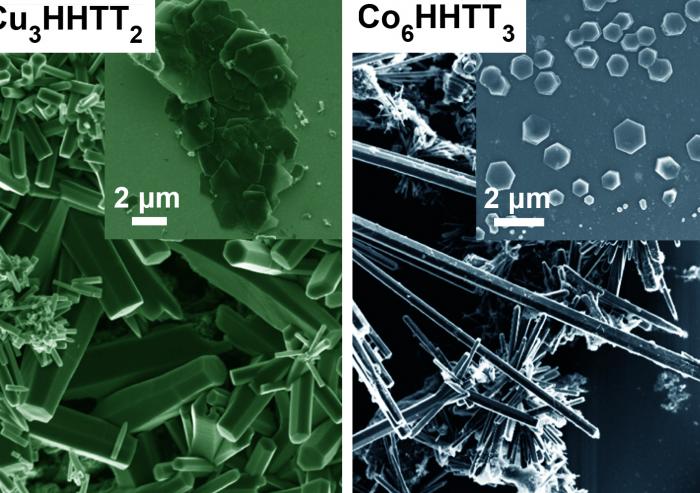
              Researchers at MIT and other institutions have found a way to stabilize the growth of crystals of several kinds of metal organic frameworks, or MOFs. This image shows two scanning electron microscopy (SEM) micrographs of Cu3HHTT2 an...
