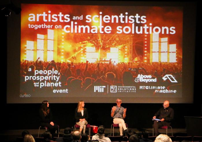 
              The Artists and Scientists Together on Climate Solutions event included, from left to right: Anna Johnson, Sustainability and Environment Officer at Involved Group; Dr. Dava Newman, the director of the MIT Media Lab; Tony McGuinnes...