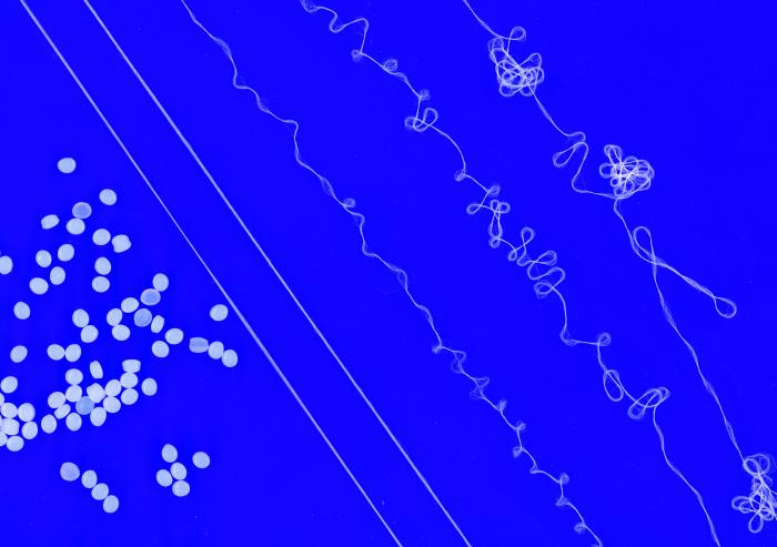 In the new process, resin pellets are melted and then extruded to make stretchy, hair-thin fibers that can be recycled. “You just melt it in a barrel with a heater, and then you extrude and spin it into fibers,” SeongHyeon Kim says. “It’s like a spaghetti machine.”
