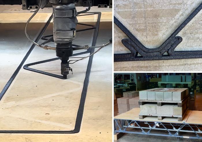 On left, the MIT HAUS large format 3D printer system deposits the first layer of a polymer composite 3D printed floor truss. A closeup of a notched joint is seen on right, and the assembled floor system undergoing a bending test with a ~2,000lb concrete block load in the center. 