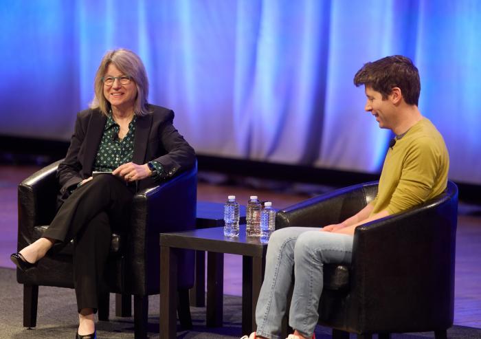 MIT President Sally Kornbluth and OpenAI CEO Sam Altman chatted during a wide-ranging discussion at Kresge Auditorium on May 2.