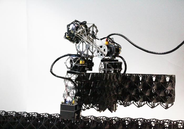 A robot carries three voxels as it walks across a voxel structure. Modular Inchworm Lattice Assembler robots, or MILAbots, use grippers on each end to place voxel building blocks and engage the snap-fit connections.