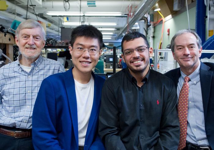 An MIT team performing fundamental studies of systems for cooling and dehumidifying indoor spaces includes (l-r): Professor Leslie Norford, graduate students Tianyi Chen and Omar Labban, and Professor John Lienhard. Chen and Labban began the wor...