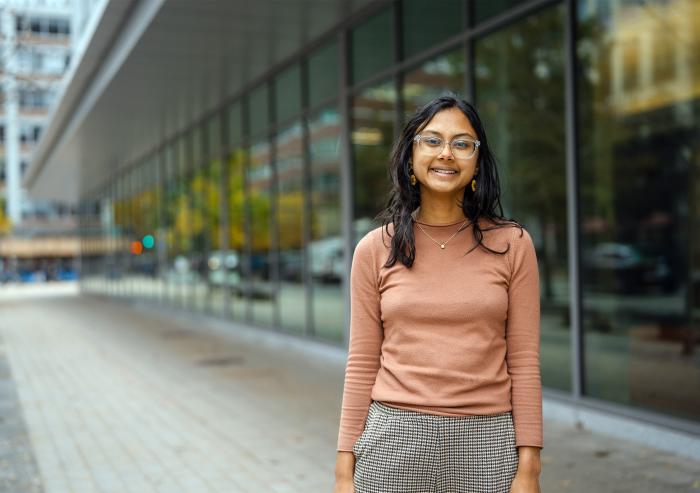 
              MIT senior Anushree Chaudhuri wants to make sure the transition to cleaner technologies is not only more sustainable, but also more just.
              Credit: Ian MacLellan
      