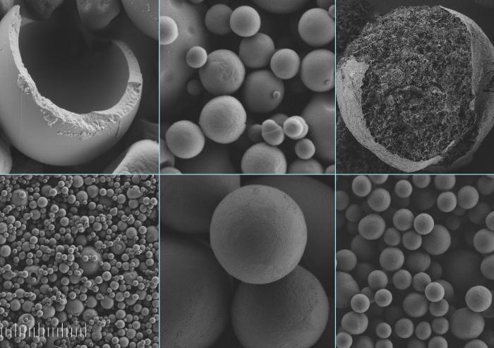 
              These scanning electron microscope images show silk-coated microcapsules containing vitamin C, at different scales of detail. On the left, and top center, samples made by spray drying, a method already widely used in industry. On th...