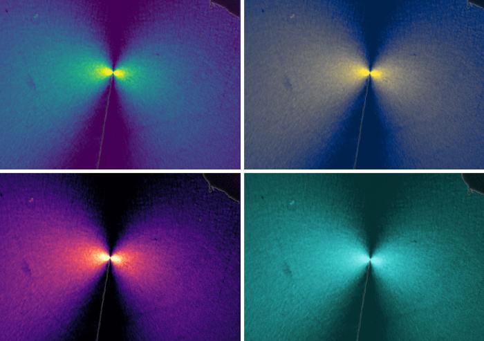 Researchers used a new visual technique to measure stress in a material as a dendrite crack grows. Here, the four graphs have the same data with different color schemes. Brighter colors correspond to higher stress, and a bowtie-shaped pattern can be seen at the crack tip.
