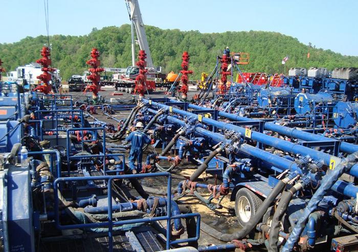 Hydraulic fracturing is an industrial process in which a mixture of water, sand, and chemicals is injected into a well at rates of up to 4,000 gallons per minute, at pressures up to 10,000 pounds per square inch.Photo: Robert L. Kleinberg