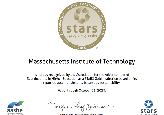 Certificate with a gold circular emblem stating “STARS” at the top. Below, it recognizes MIT for sustainability, valid through October 15, 2028, signed by Meghan Fay Zahniser. Logos for AASHE and STARS are at the bottom.