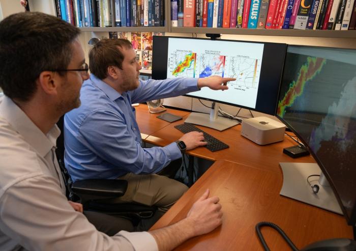 
              Mark Veillette (left) and James Kurdzo compiled TorNet, an open-source dataset containing thousands of radar images depicting tornadoes and other severe storms. The dataset can serve as a benchmark for researchers to develo...
