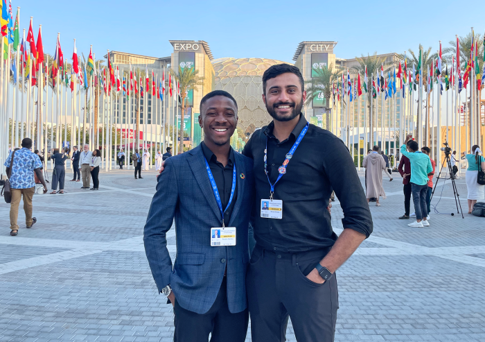 
              Two of MIT’s student delegates at COP28: Runako Gentles (left), an undergraduate in civil and environmental engineering (CEE), and Shiv Bhakta (right), a graduate student in the Leaders for Global Operations dual degree progra...