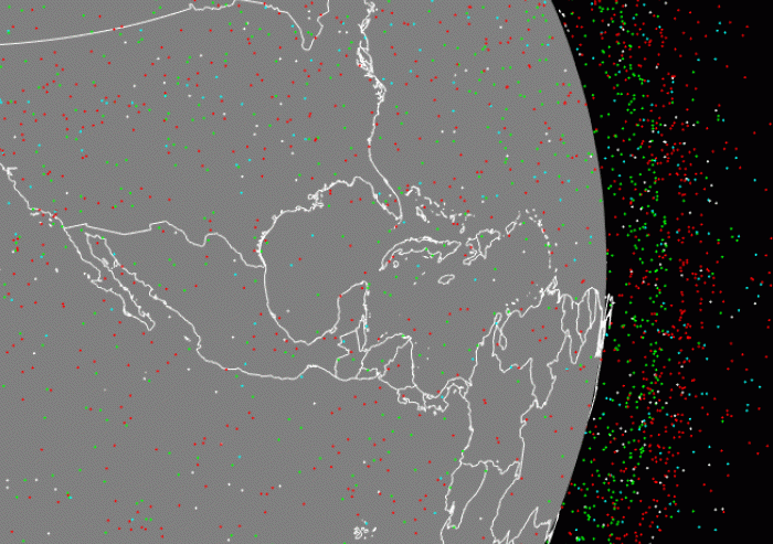 
              Animation showing the change in orbital population with no future launches, starting in 2023. Red dots represent debris, green shows payload, cyan shows derelict, and white shows rocket bodies. The animation shows a 200-yea...