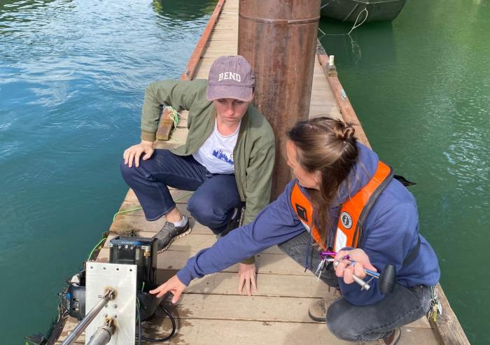 MIT Assistant Professor Sara Beery (left) discusses a sonar monitoring system with another researcher.