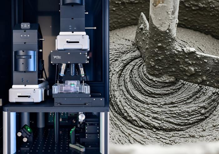 A confocal Raman microscope (left) tracks the chemical evolution of CO₂-injected cement paste samples over 24 hours; the custom stage's quartz window enables the laser to scan from below. Cement paste is the basis for fresh concrete, as pictured at right; CO₂-injected concrete is gaining commercial traction as a material that permanently stores carbon dioxide.