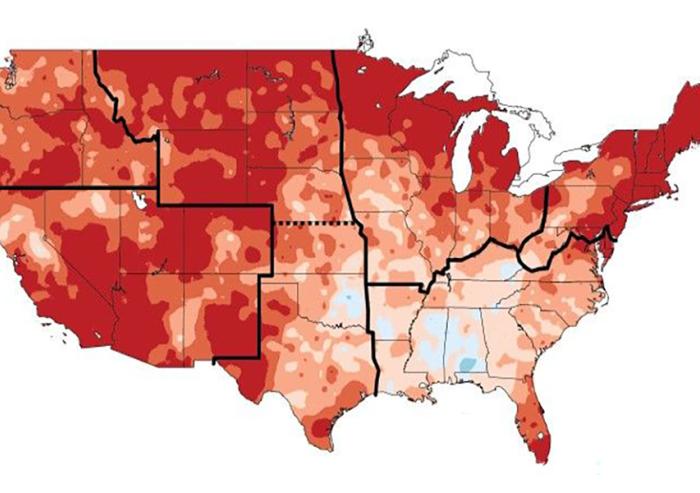 A new study reports global-warming-attributed trends in monthly-averaged maximum daily temperature for every U.S. state. Shown here are temperature changes (highest increases in deeper red and dark orange) between 1991 and 2012 compared to the average temperature between 1901 and 1960. 