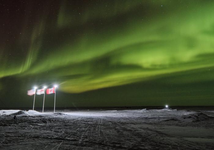 Flags planted in the Arctic ice by countries participating in Operation Ice Camp 2026 wave in the wind against a backdrop of the northern lights. 