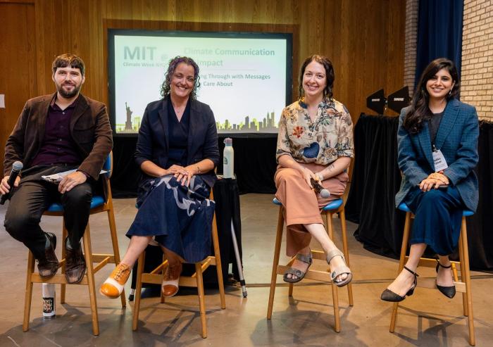 Aaron Krol, managing editor of the MIT Climate Change Engagement Program, led MIT’s Climate Week NYC session “Climate Communication for Impact,” which featured (left to right) Allison Crimmons of Talking Climate, Arielle Tannenbaum of Climate Central, and Mallika Talwar of Yale University.