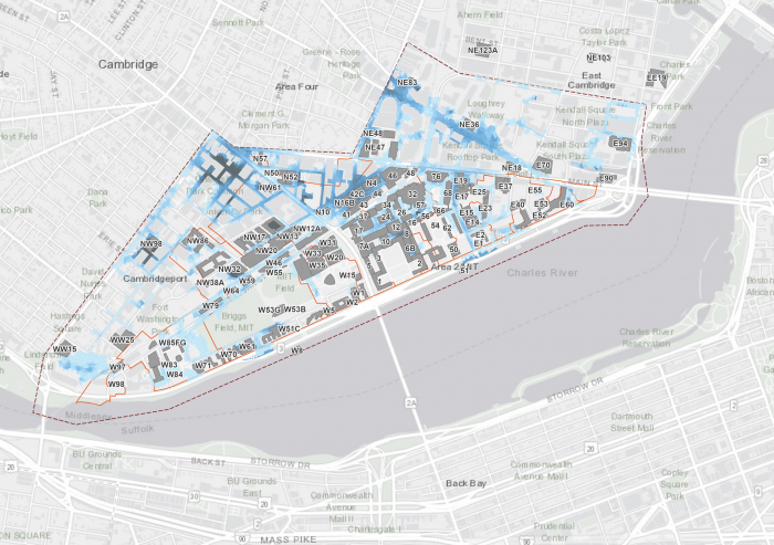 The Climate Resiliency dashboard enables the MIT community to understand projected potential risk to the campus from flooding and heat (heat to be added in 2021) under both today's climate and a future changed climate.