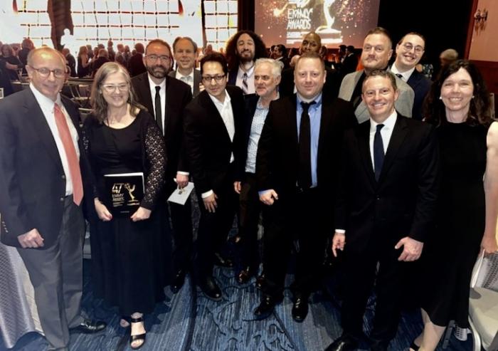 MIT Video Productions team at the 47th Boston/New England Emmy Awards Ceremony. Front row, left to right: Rod Lindheim, Dawn Morton, Clayton Hainsworth, Mujtaba Jamali, Jean Dunoyer, Alexander Sachs, Christopher Capozzola, and Brigitte Tersek. Back row, left to right: Frederick Harris, Myles Lowery, Wesley Richardson, Barry Pugatch, and TJ Saccoccio.