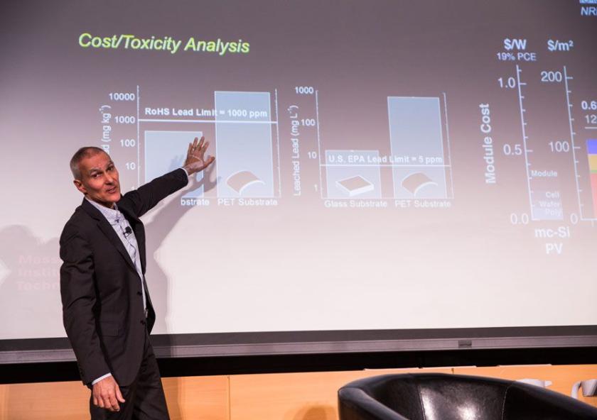 Moungi Bawendi, the Lester Wolfe Professor of Chemistry at MIT, described recent progress on new kinds of solar cell materials.Image: Jake Belcher