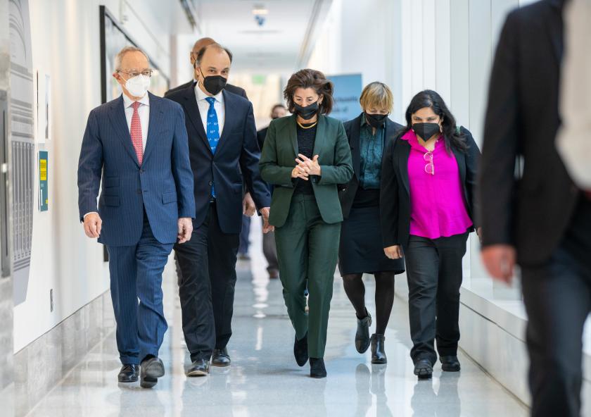 MIT President L. Rafael Reif, MIT.nano Director Vladimir Bulovic, U.S. Secretary of Commerce Gina Raimondo, MIT Vice President for Research Maria Zuber, and City of Cambridge Mayor Sumbul Siddiqui, walking through a hallway during ...
MIT President L. Rafael Reif, MIT.nano Director Vladimir Bulovic, U.S. Secretary of Commerce Gina Raimondo, MIT Vice President for Research Maria Zuber, and City of Cambridge Mayor Sumbul Siddiqui, walking through a hallway during ...