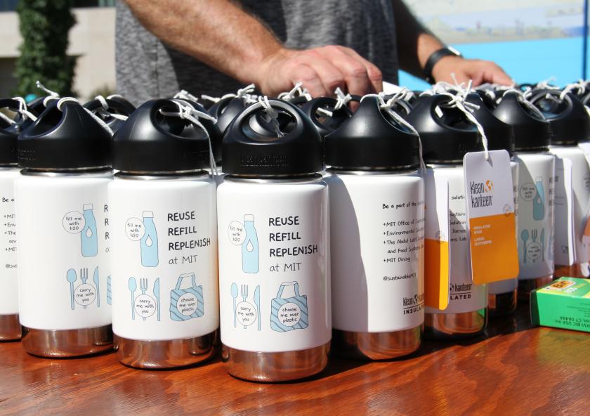 Water bottles designed by architecture student Effie Jia encourage students to take up environmentally friendly habits. Photo: Lisa Miller/J-WAFS