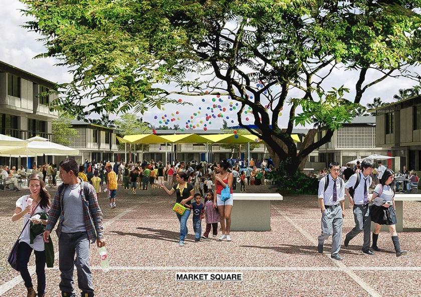 Adèle Naudé Santos and Débora Mesa's plan for low-income housing in Colombia includes a market square within the  proposed live-work neighborhood.  Image courtesy of Adèle Naudé Santos and Débora Mesa.
