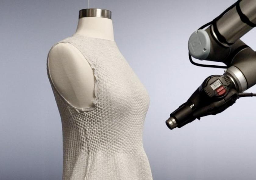 In late 2023 the MIT Self Assembly Lab and the high-tech fashion company Ministry of Supply debuted their 4D Knit Dress at the latter's store Boston, complete with a robotic arm working its way around a dress as customers watched.
...
In late 2023 the MIT Self Assembly Lab and the high-tech fashion company Ministry of Supply debuted their 4D Knit Dress at the latter's store Boston, complete with a robotic arm working its way around a dress as customers watched.
...